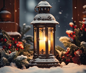 Świeca, Ozdoby, Lampion, Zima, Śnieg, Gałązki