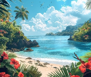 Palmy, Roślinność, Hibiskus, Kwiaty, Morze. Plaża