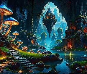 Fantasy, Schody, Jaskinia, Rzeka, Drzewa, Grzyby