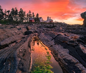 Stan Maine, Zachód słońca, Latarnia morska, Stany Zjednoczone, Drzewa, Skały, Pemaquid Point Lighthouse