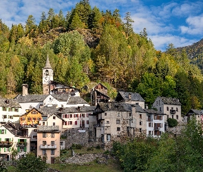 Wioska Fusio, Val Lavizzara, Jesień, Doliny Maggia, Drzewa, Kościół, Alpy, Szwajcaria, Góra, Wieża, Kanton Ticino, Lugano, Las, Domy