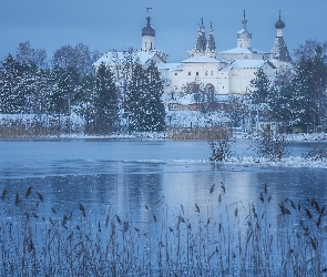 Obwód wołogodzki, Wieś Ferapontovo, Jezioro, Rosja, Monaster Terapontowski, Zima, Cerkiew