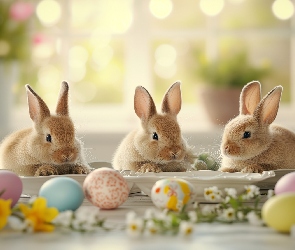 Grafika, Kwiaty, Trzy, Wielkanoc, Króliki, Pisanki