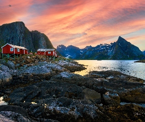 Kamienie, Domki, Góry, Morze Norweskie, Czerwone, Norwegia, Lofoty