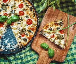 Taca, Deska, Pizza, Nóż, Bazylia, Widelec, Pomidorki Cherry, Liście