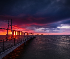 Lizbona, Vasco da Gama Bridge, Tag, Portugalia, Most, Rzeka, Zachód słońca