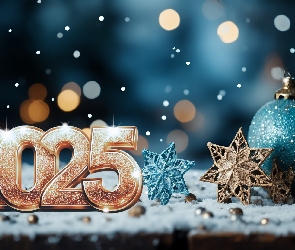 2025, Śnieg, Bombki, Gwiazdki, Nowy Rok