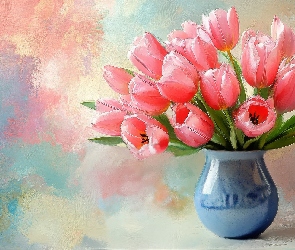 Grafika, Wazon, Różowe, Tulipany