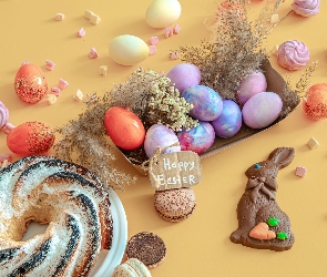 Wielkanoc, Zajączek, Babka, Kompozycja, Ciasteczka, Pisanki, Napis, Happy Ester, Kolorowe