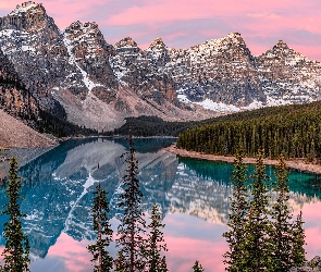Drzewa, Moraine, Alberta, Góry, Jezioro, Kanada, Park Narodowy Banff
