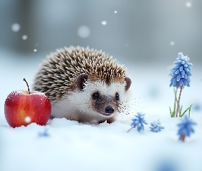 Śnieg, Szafirki, Jabłko, Grafika, Kwiaty, Jeż, Niebieskie