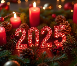 Grafika, Gałązki, Nowy Rok, 2025, Świece, Świerkowe