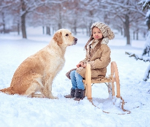 Zima, Śnieg, Pies, Dziewczynka, Golden retriever, Sanki