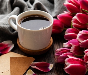 Koperta, Tulipany, Filiżanka, Kawa