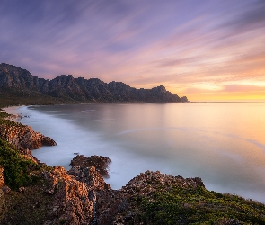 Afryka, Roślinność, Góry, Zachód słońca, Wybrzeże, Kogel Bay Beach, Republika Południowej Afryki, Kapsztad, Morze