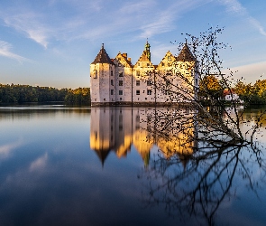 Suche, Odbicie, Zamek, Drzewo, Staw, Niemcy, Glucksburg Castle