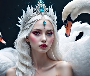 Grafika, Łabędzie, Kobieta, Biżuteria