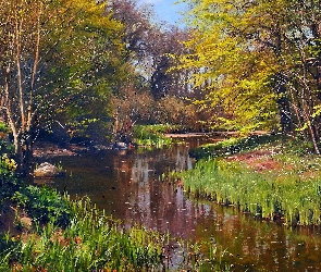 Drzewa, Roślinność, Peder Mork Monsted, Szuwary, Rzeka, Reprodukcja obrazów, Las