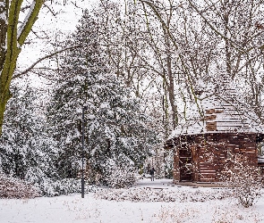 Park Szczytnicki, Drzewa, Zima, Ośnieżone, Latarnia, Kościół św Jana Nepomucena, Wrocław, Ławki