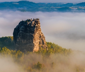 Niemcy, Góry Połabskie, Falkenstein, Skała, Mgła, Drzewa