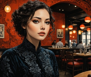 Czarna, Grafika, Restauracja, Sukienka, Dziewczyna