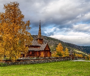 Norwegia, Lom, Drzewa, Góry, Kościół, Lom stavkirke