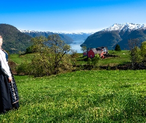 Norwegia, Strój, Regionalny, Sogn og Fjordane, Wzgórza, Domy, Drzewa, Łąka, Góry, Dziewczyna