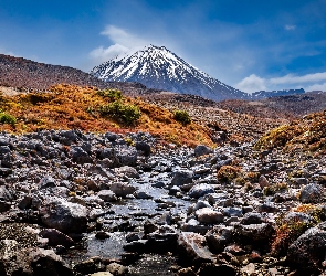 Wulkan Ngauruhoe, Potok, Nowa Zelandia, Góry, Roślinność, Park Narodowy Tongariro, Niebo, Kamienie