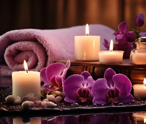 SPA, Relaks, Storczyk, Kwiaty, Świece, Ręcznik