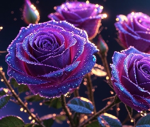 Purpurowe, Grafika, Krople, Kwiaty, Róże