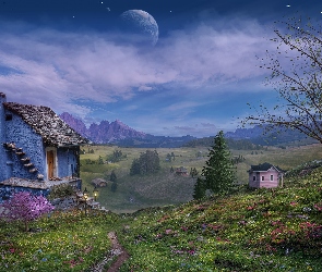 Dolina, Fotomontaż, Góry, Kwiaty, Domy