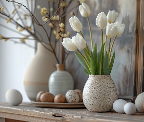 Białe, Wielkanoc, Pisanki, Kwiaty, Tulipany