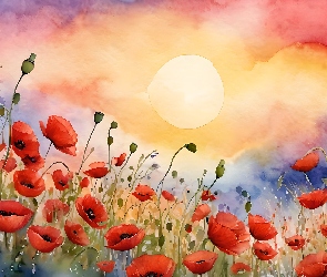 Słońce, Grafika, Maki, Kwiaty