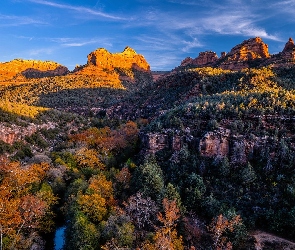 Jesień, Arizona, Kanion, Stany Zjednoczone, Creek Canyon, Drzewa, Góry, Skały, Kolorowe