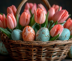 Tulipany, Koszyk, Pisanki, Kolorowe, Wielkanoc