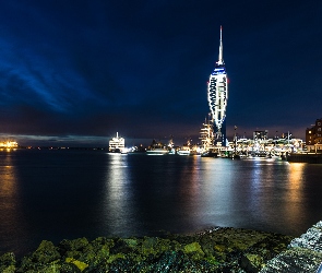 Anglia, Domy, Przystań, Noc, Kamienie, Cieśnina, Portsmouth, Wieża widokowa, Spinnaker Tower