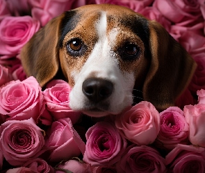 Róże, Kolorowe, Pies, Beagle