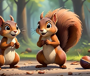 Dwie, Las, Orzechy, Wiewiórki, Grafika