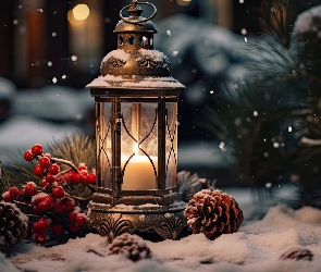 Szyszki, Gałązki, Śnieg, Zima, Kompozycja, Lampion