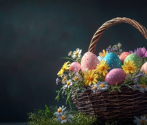 Grafika, Wielkanoc, Pisanki, Kolorowe, Koszyk, Kwiaty
