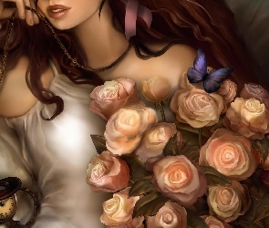 Kobieta, Motyl, Róż, Bukiet