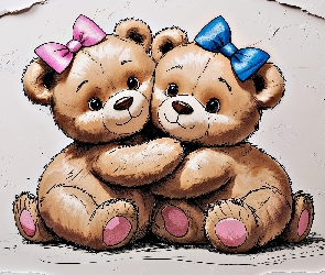 Pluszowe, Rysunek, Kokardki, Misie, Dwa