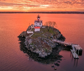 Stany Zjednoczone, Pomham Rocks Light, Skały, Zachód słońca, Latarnia morska, Rzeka Providence, Nowa Anglia, Rhode Island, Wyspa