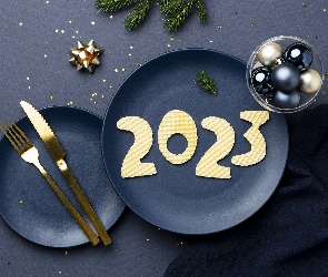 Cyfry, Widelec, Nowy Rok, Talerze, Bombki, 2023, Gałązka, Nóż