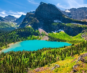 Montana, Góry, Park Narodowy Glacier, Drzewa, Grinnell Lake, Stany Zjednoczone, Rośliny, Jezioro