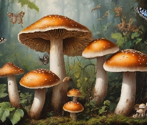 Grzyby, Liście, Las, Motyle, Grafika