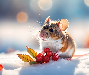 Śnieg, Grafika, Jarzębina, Owoce, Mysz