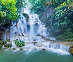 Prowincja Louangphrabang, Drzewa, Kuang Si Falls, Laos, Skały, Wodospad, Drzewa