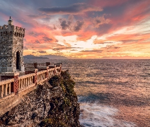 Latarnia morska, Zachód słońca, Prowincja, Faro della Rocchetta, Morze, Włochy, Livorno