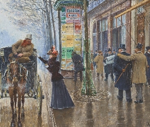 Koń, Miasto, Obraz, Malarstwo, Jean Beraud, Ludzie